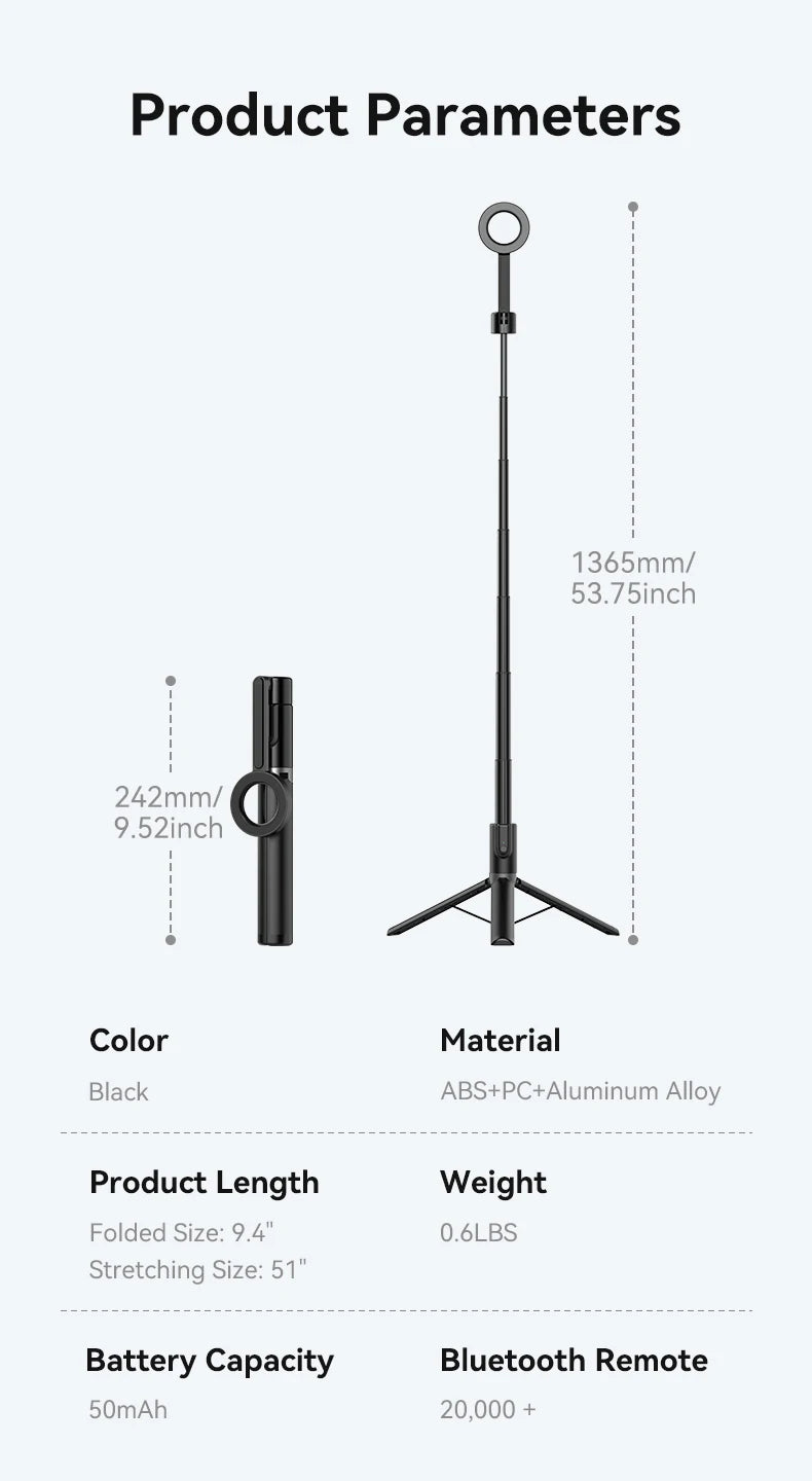 TELESIN 1.3M Magnetic Selfie Stick Tripod with Bluetooth Remote – Perfect for iPhone, Xiaomi, Huawei, Samsung, and Smartphones
