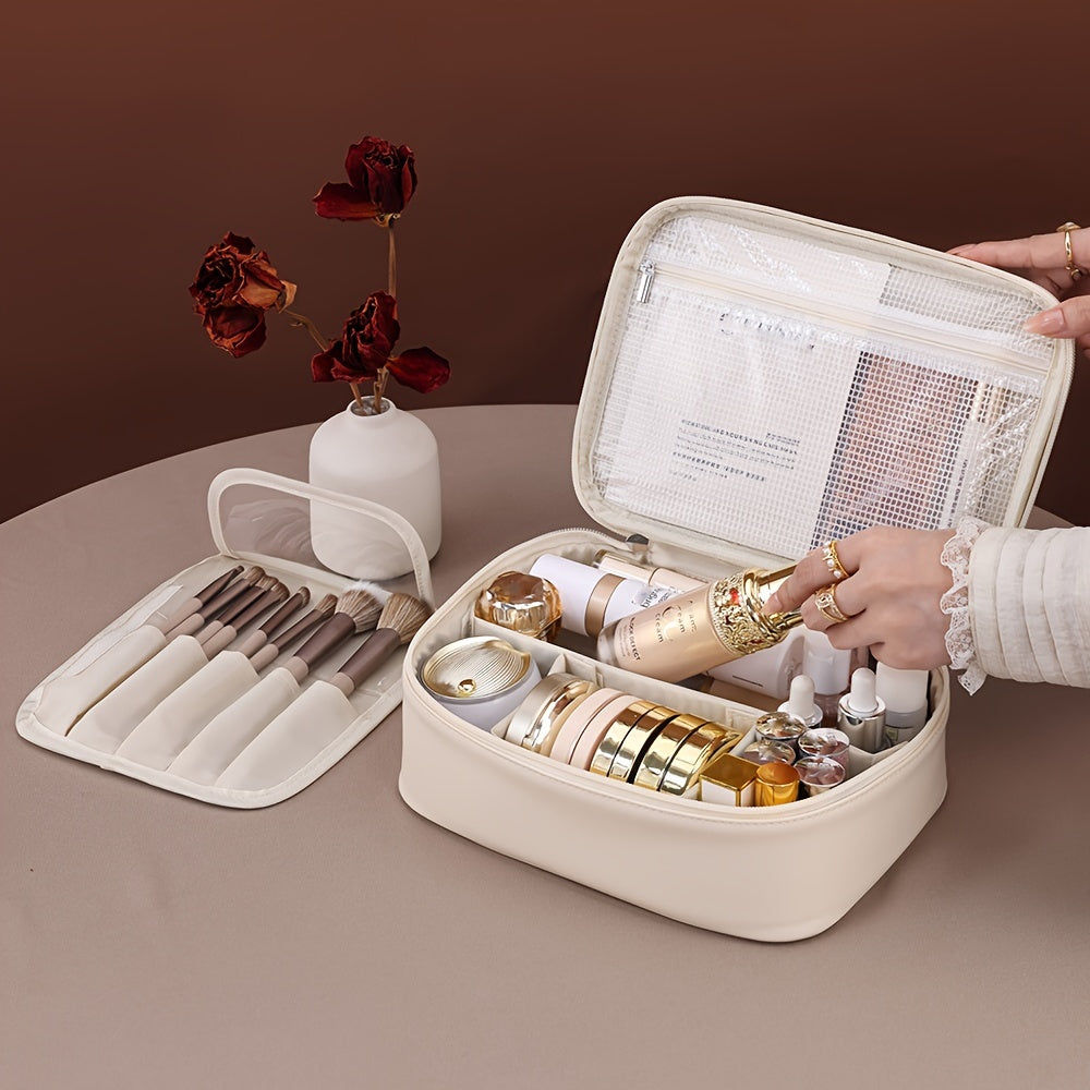 Large Capacity Multi-Layer Detachable Cosmetic Bag - PU Travel Makeup Organizer with Brush Holder