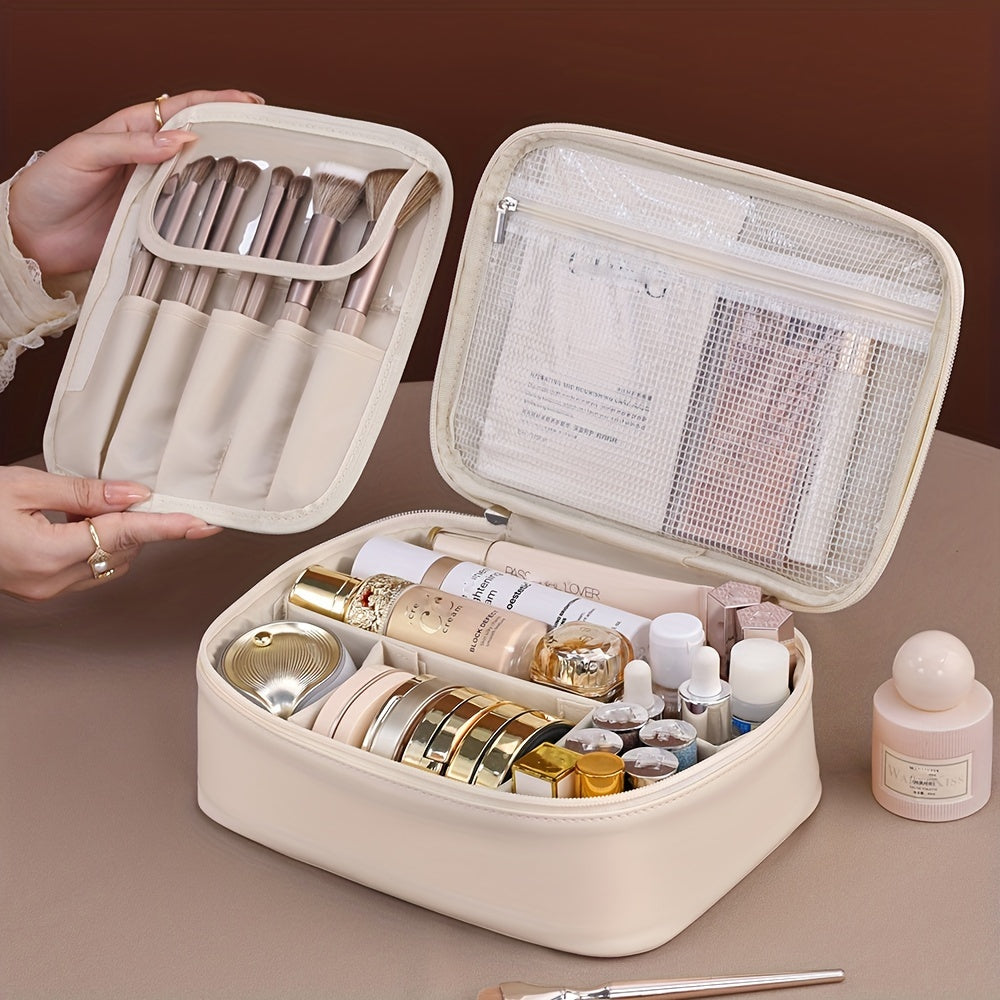 Large Capacity Multi-Layer Detachable Cosmetic Bag - PU Travel Makeup Organizer with Brush Holder