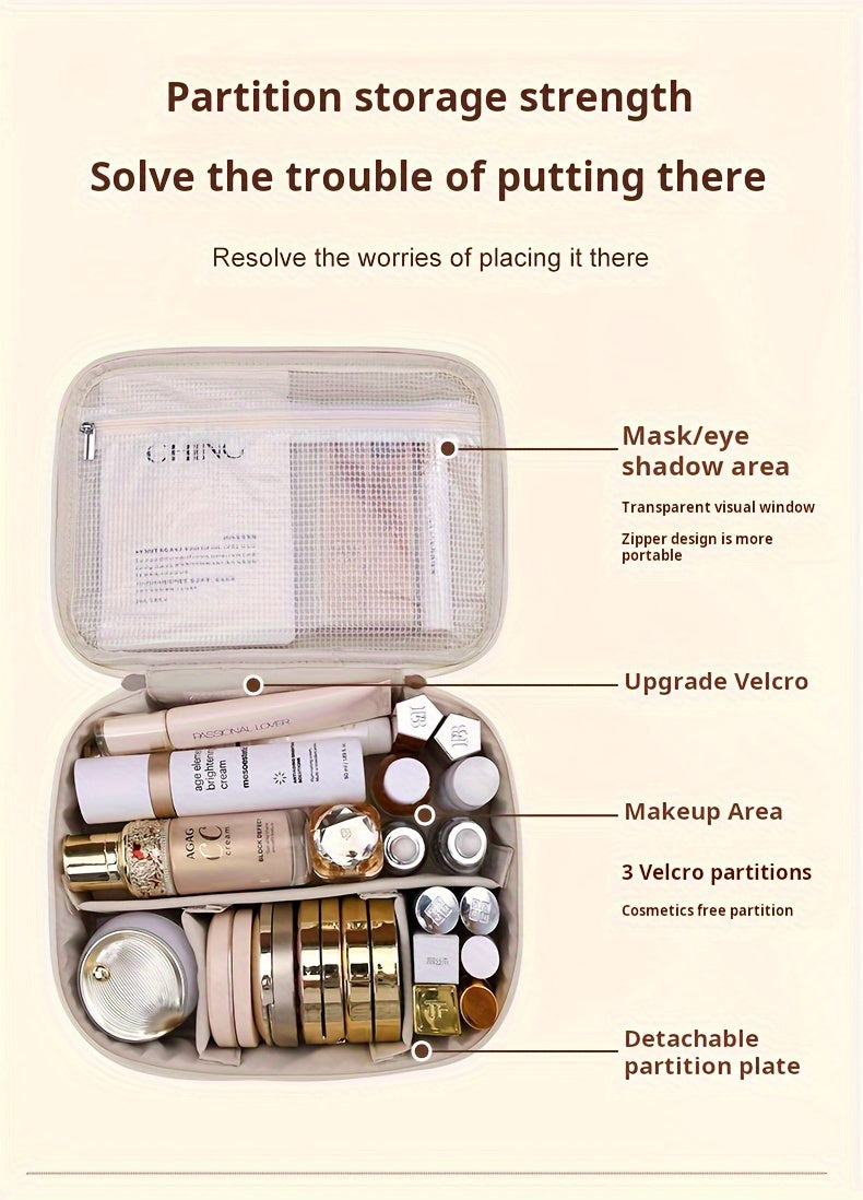 Large Capacity Multi-Layer Detachable Cosmetic Bag - PU Travel Makeup Organizer with Brush Holder