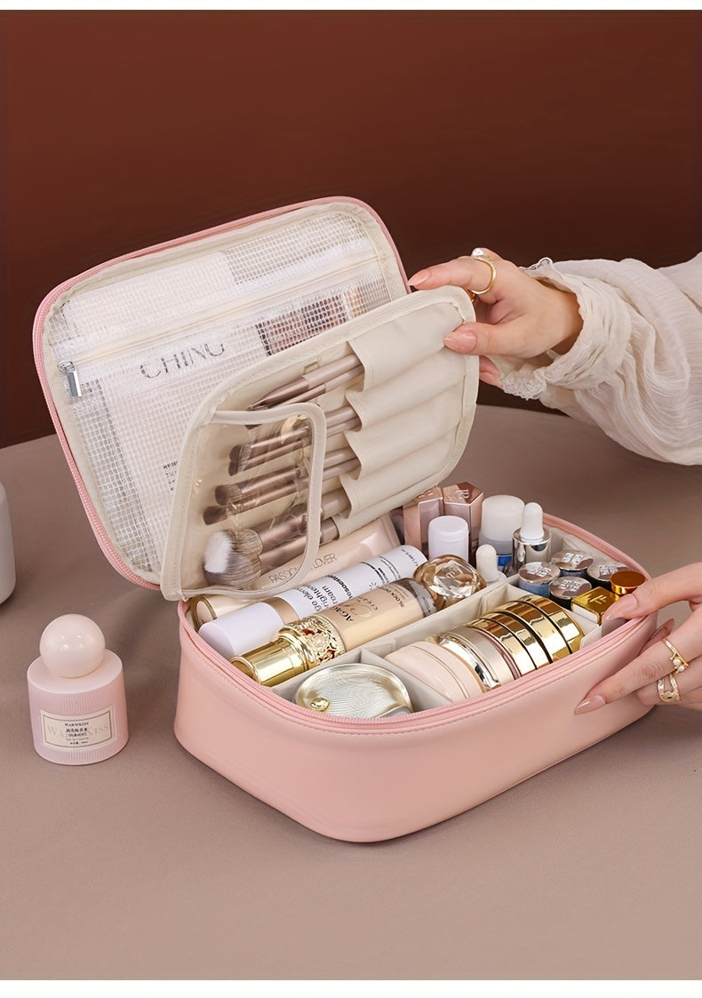 Large Capacity Multi-Layer Detachable Cosmetic Bag - PU Travel Makeup Organizer with Brush Holder