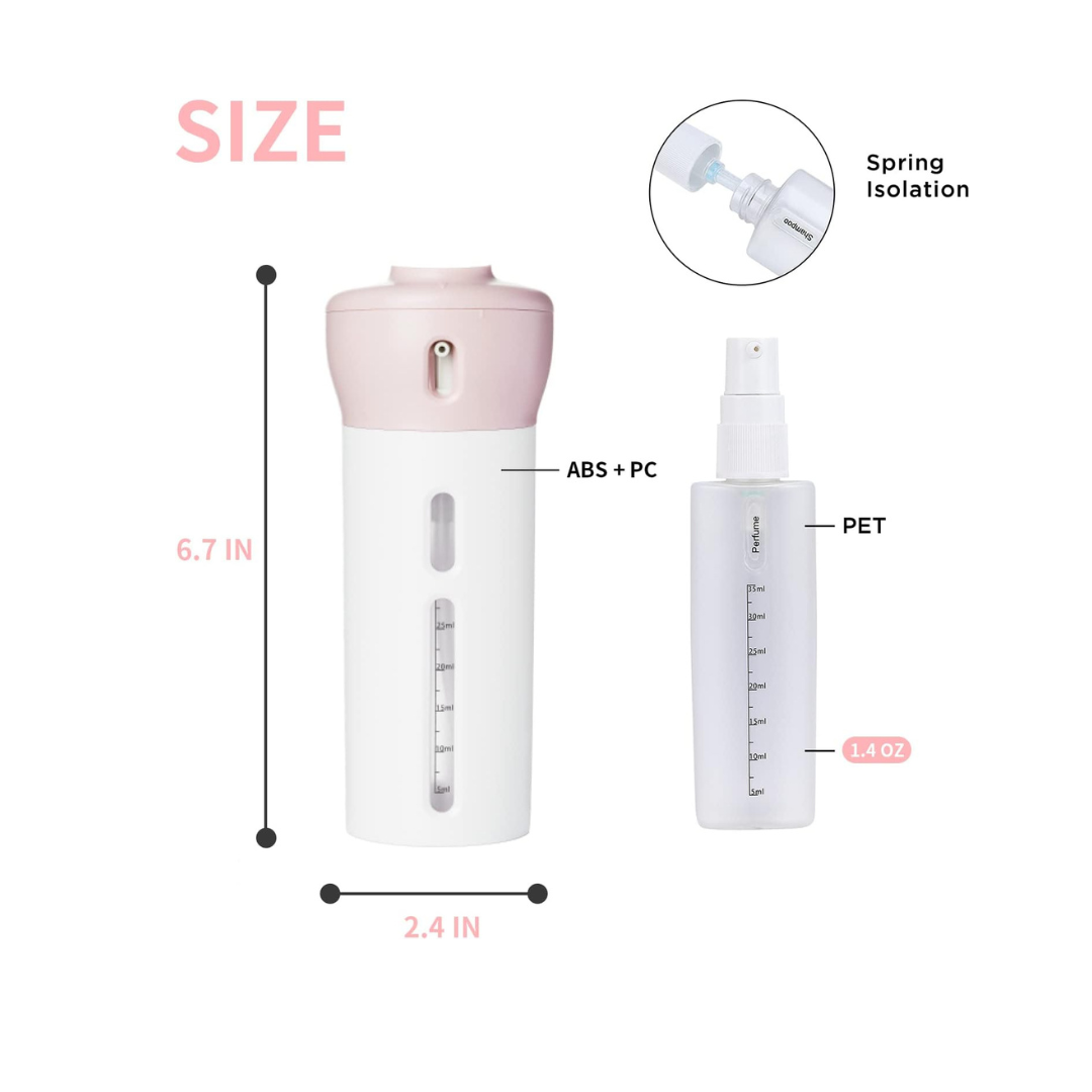 4-in-1 Portable Travel Liquid Dispenser – Leak-Proof, Refillable Bottle for Shampoo, Lotion, Perfume