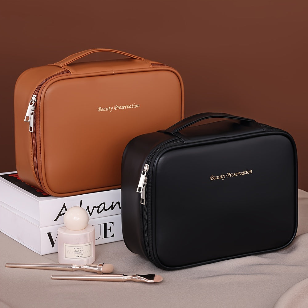 Large Capacity Multi-Layer Detachable Cosmetic Bag - PU Travel Makeup Organizer with Brush Holder