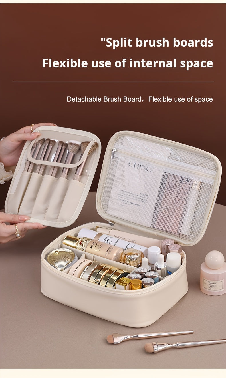 Large Capacity Multi-Layer Detachable Cosmetic Bag - PU Travel Makeup Organizer with Brush Holder