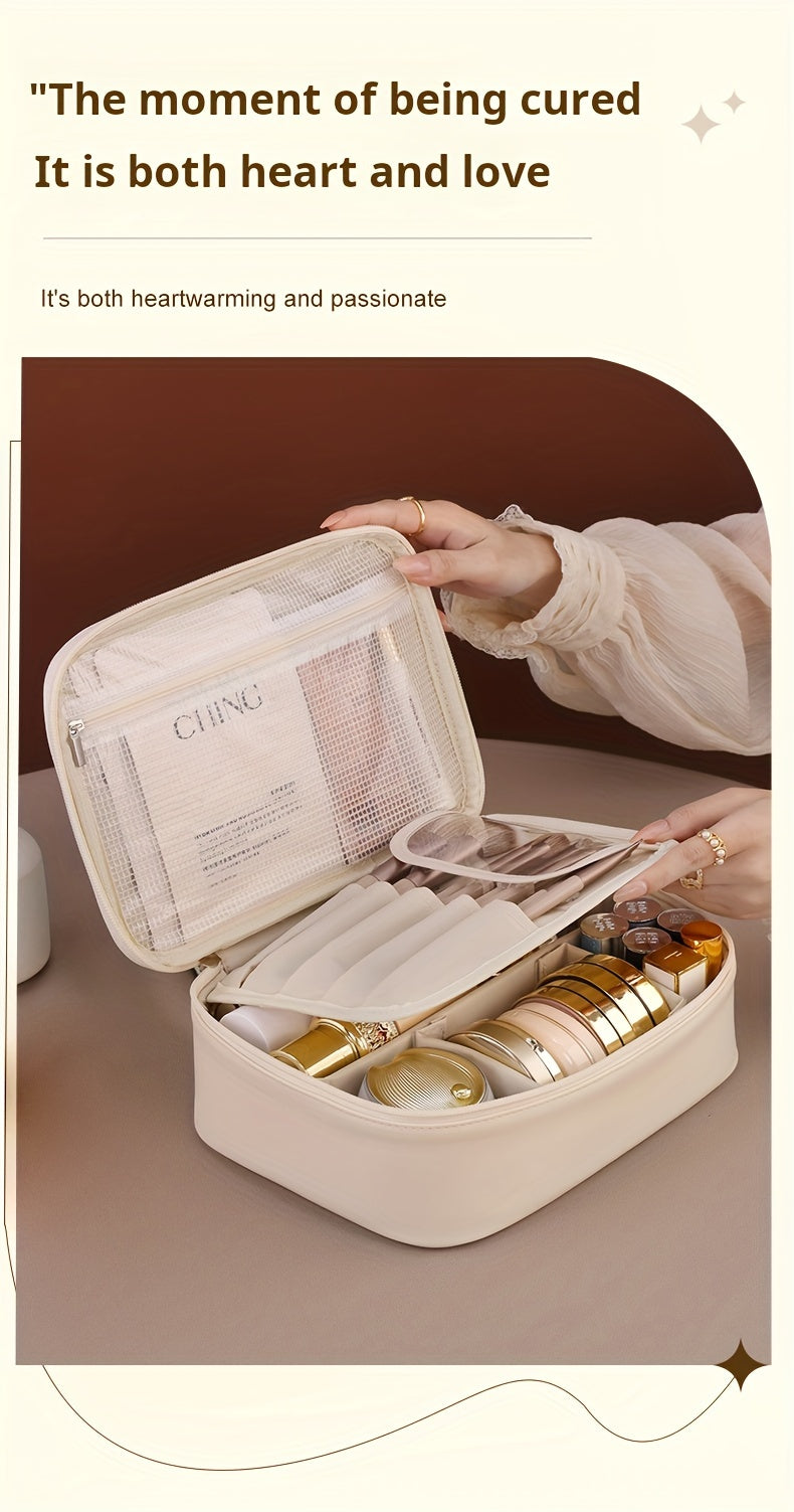 Large Capacity Multi-Layer Detachable Cosmetic Bag - PU Travel Makeup Organizer with Brush Holder