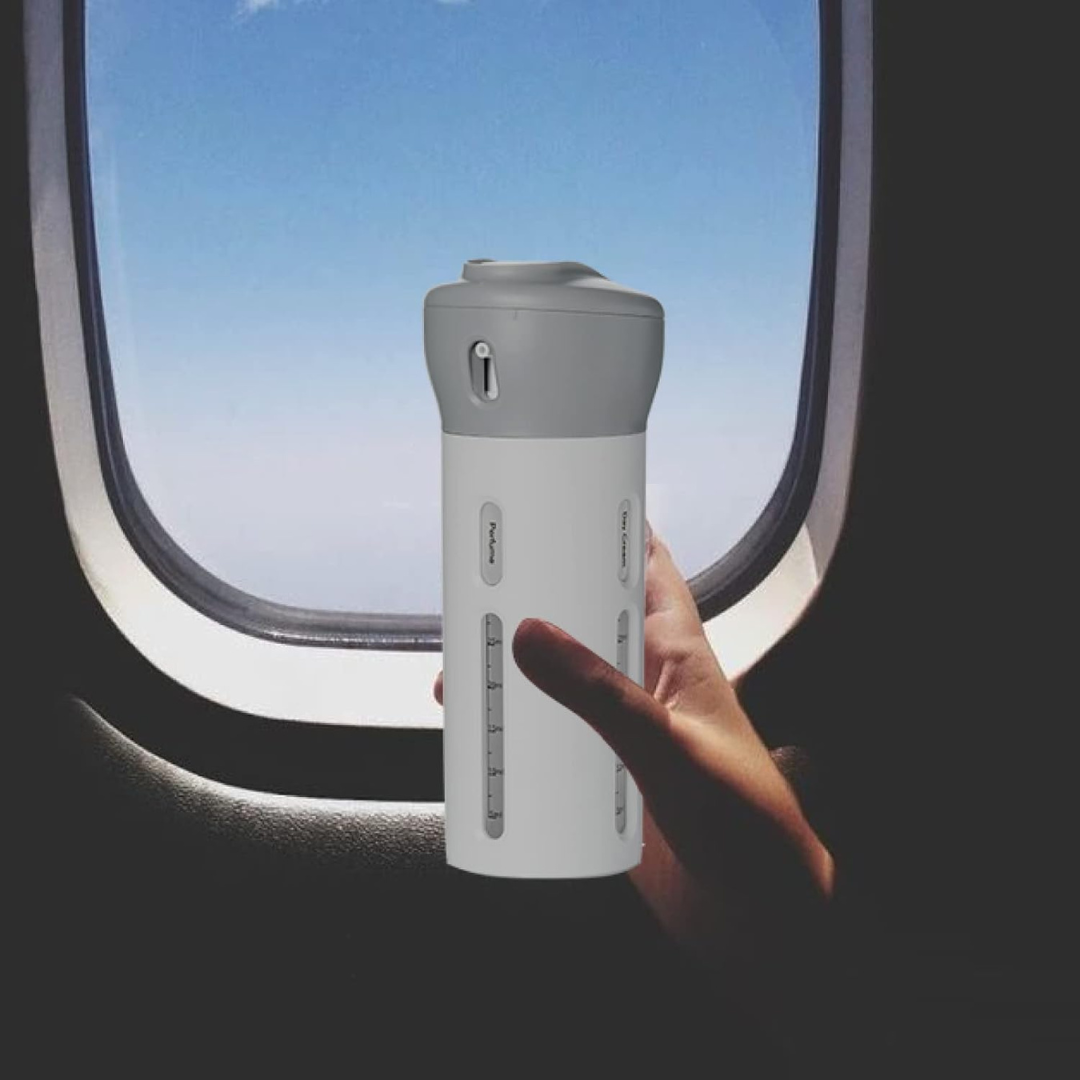 4-in-1 Portable Travel Liquid Dispenser – Leak-Proof, Refillable Bottle for Shampoo, Lotion, Perfume
