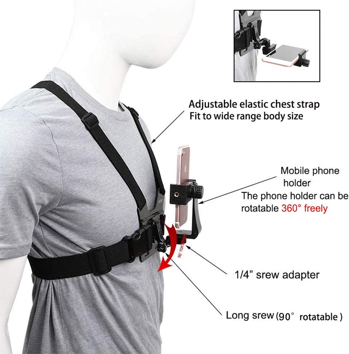 1 PC Adjustable Phone Clip Holder with Chest Strap – Hands-Free Accessory for Mobile Phones and Sport Cameras