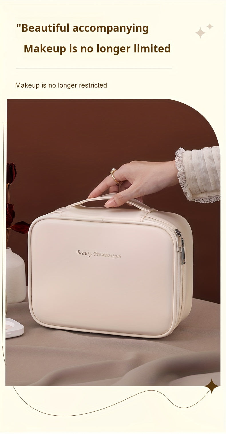 Large Capacity Multi-Layer Detachable Cosmetic Bag - PU Travel Makeup Organizer with Brush Holder