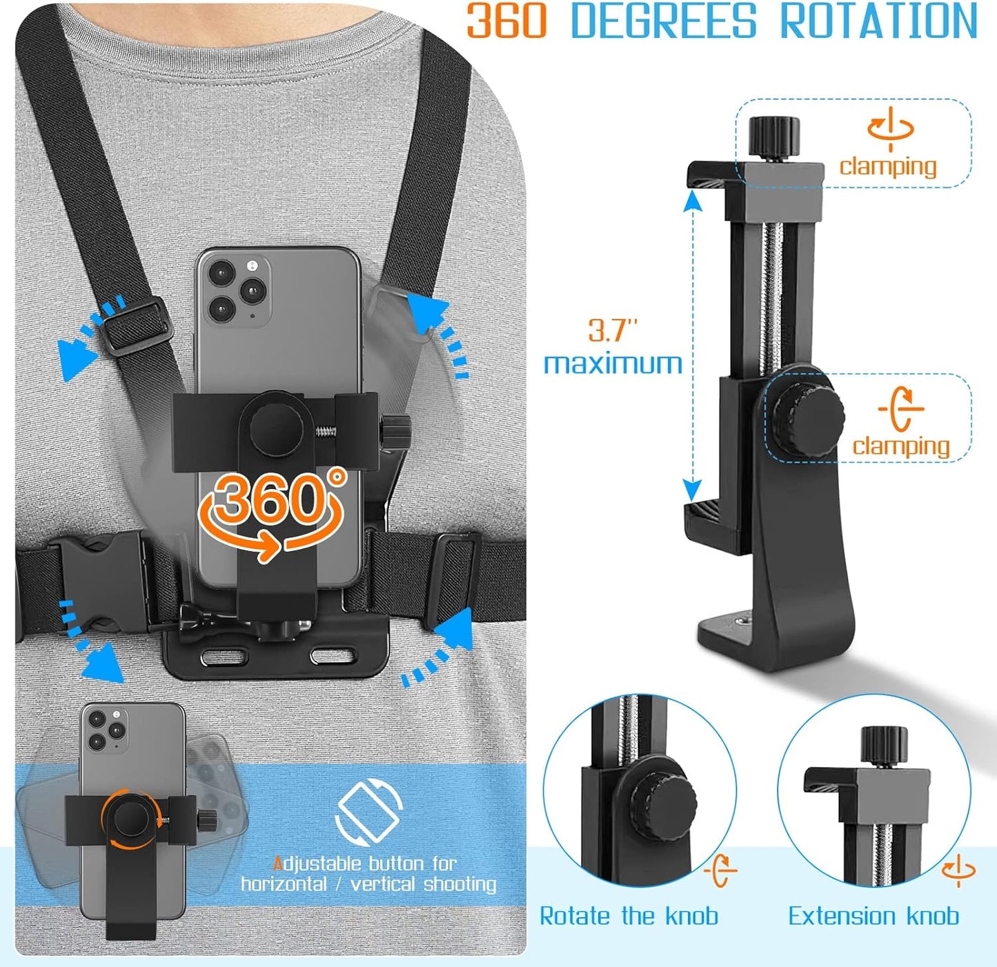 1 PC Adjustable Phone Clip Holder with Chest Strap – Hands-Free Accessory for Mobile Phones and Sport Cameras