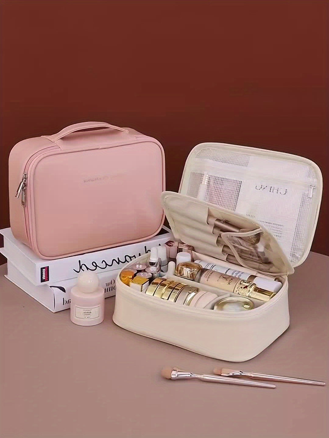 Large Capacity Multi-Layer Detachable Cosmetic Bag - PU Travel Makeup Organizer with Brush Holder