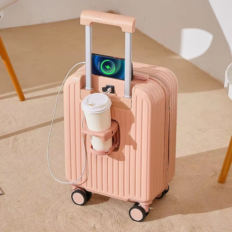 18 Inch Travel Suitcase Multifunctional Suitcase Boarding Box Student Trolley Password Case Rolling Luggage Bag with Cup Holder