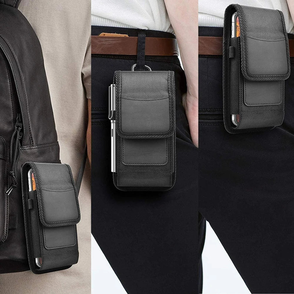 Vertical Nylon Cell Phone Belt Clip Holster – Durable Pouch with Card Slot and Keychain Loop for Phones 4.0"-6.7"