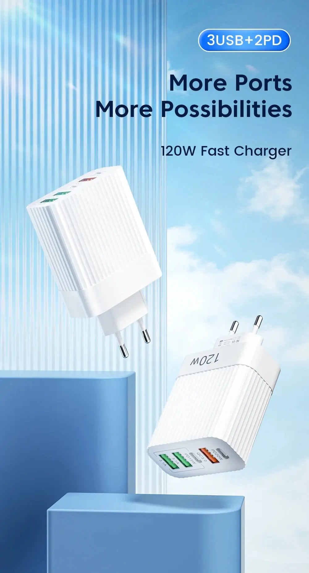 USB Fast Charger 5 Ports 120W – PD Type C Quick Charge Adapter for iPhone, Samsung, Xiaomi, Huawei, and More