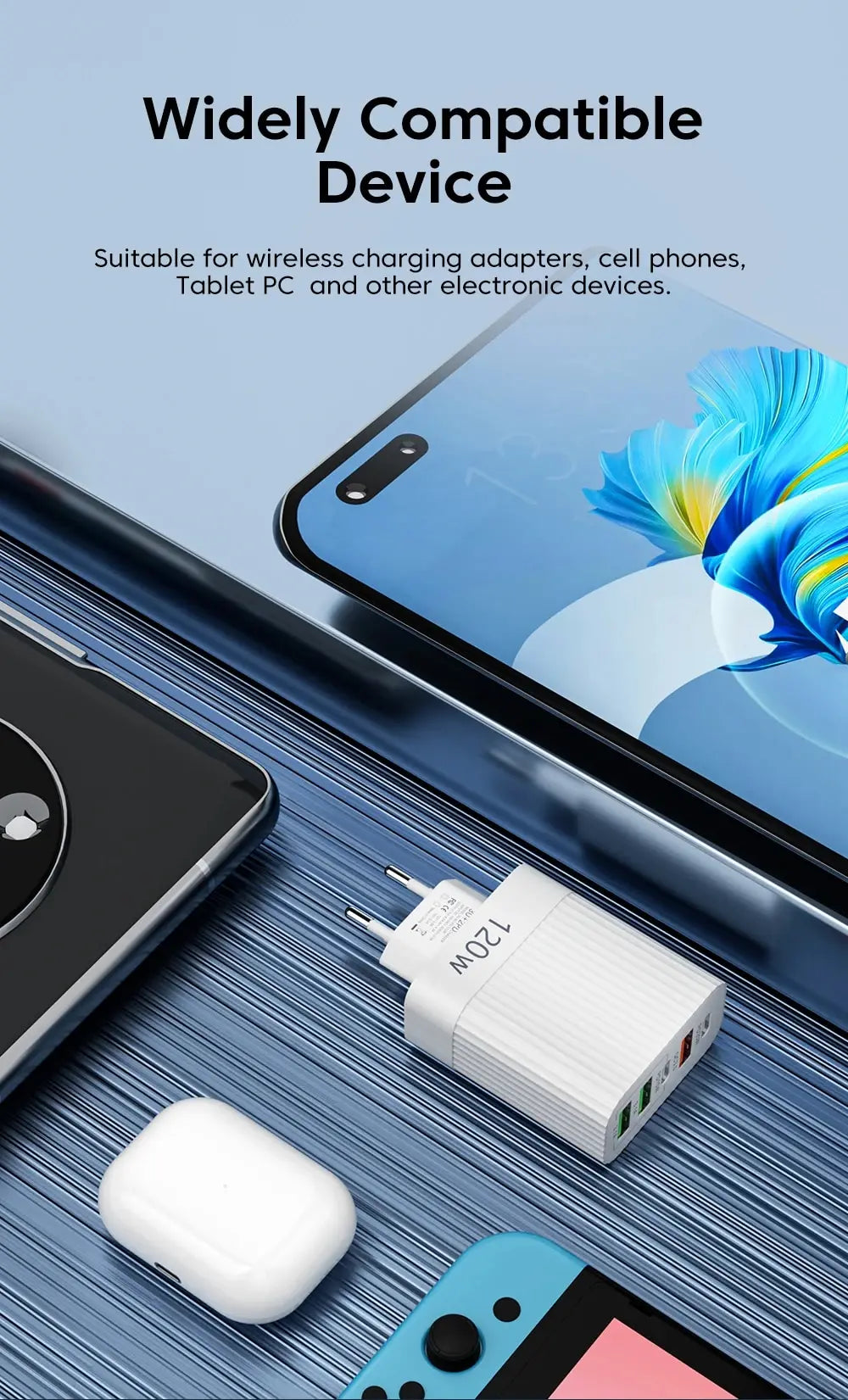 USB Fast Charger 5 Ports 120W – PD Type C Quick Charge Adapter for iPhone, Samsung, Xiaomi, Huawei, and More