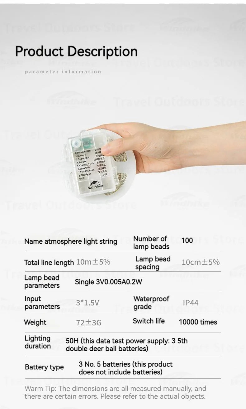 Naturehike 10m Outdoor Camping String Light - IP44 Waterproof, 8 Modes, Lightweight Atmosphere Lantern for Party & Tent Lighting