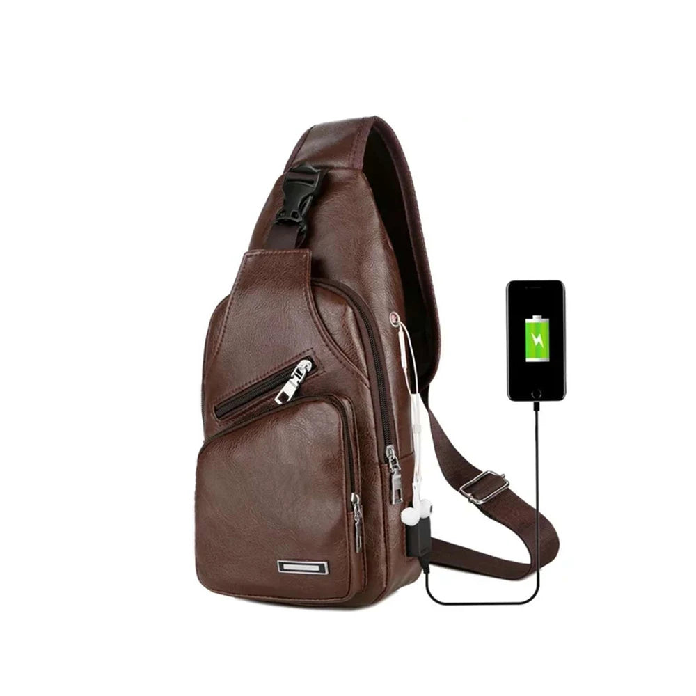 Men's Casual PU Leather Crossbody Chest Bag with USB Charging Port – Simple and Fashionable for Commuting