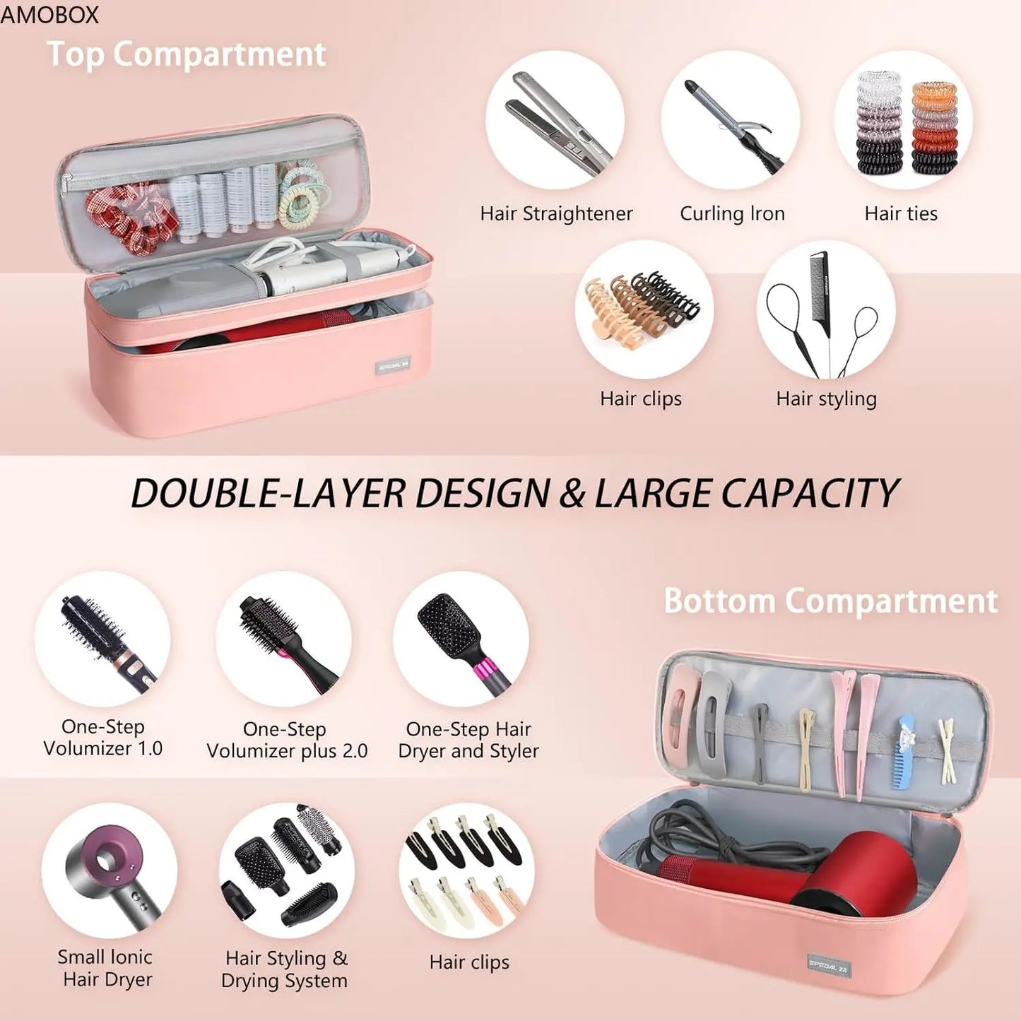 AMOBOX Double-Layer Travel Carrying Case – Portable Organizer for Hair Styling Tools
