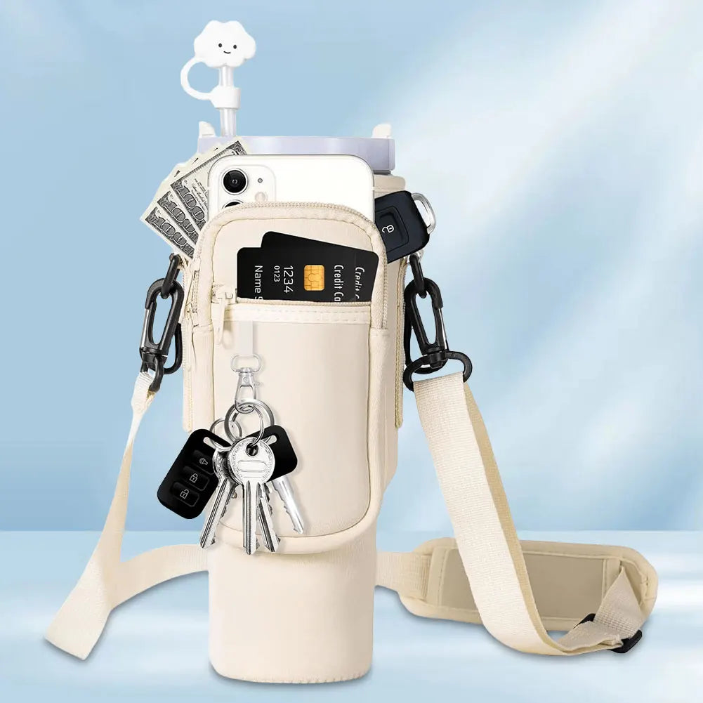 Adjustable Water Bottle Holder Bag with Shoulder Strap and Multi-Pockets – Compatible with Stanley 40oz Cup