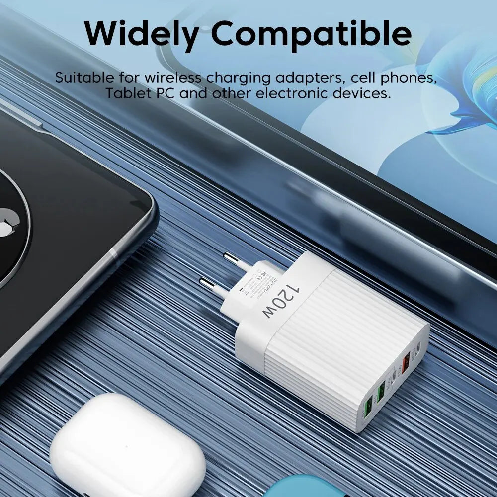 USB Fast Charger 5 Ports 120W – PD Type C Quick Charge Adapter for iPhone, Samsung, Xiaomi, Huawei, and More