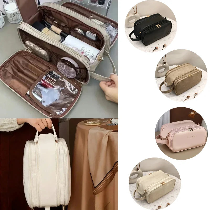 Multifunctional Makeup Bag for Women - Large Capacity PU Leather Travel Makeup and Toiletry Organizer with Double Zipper