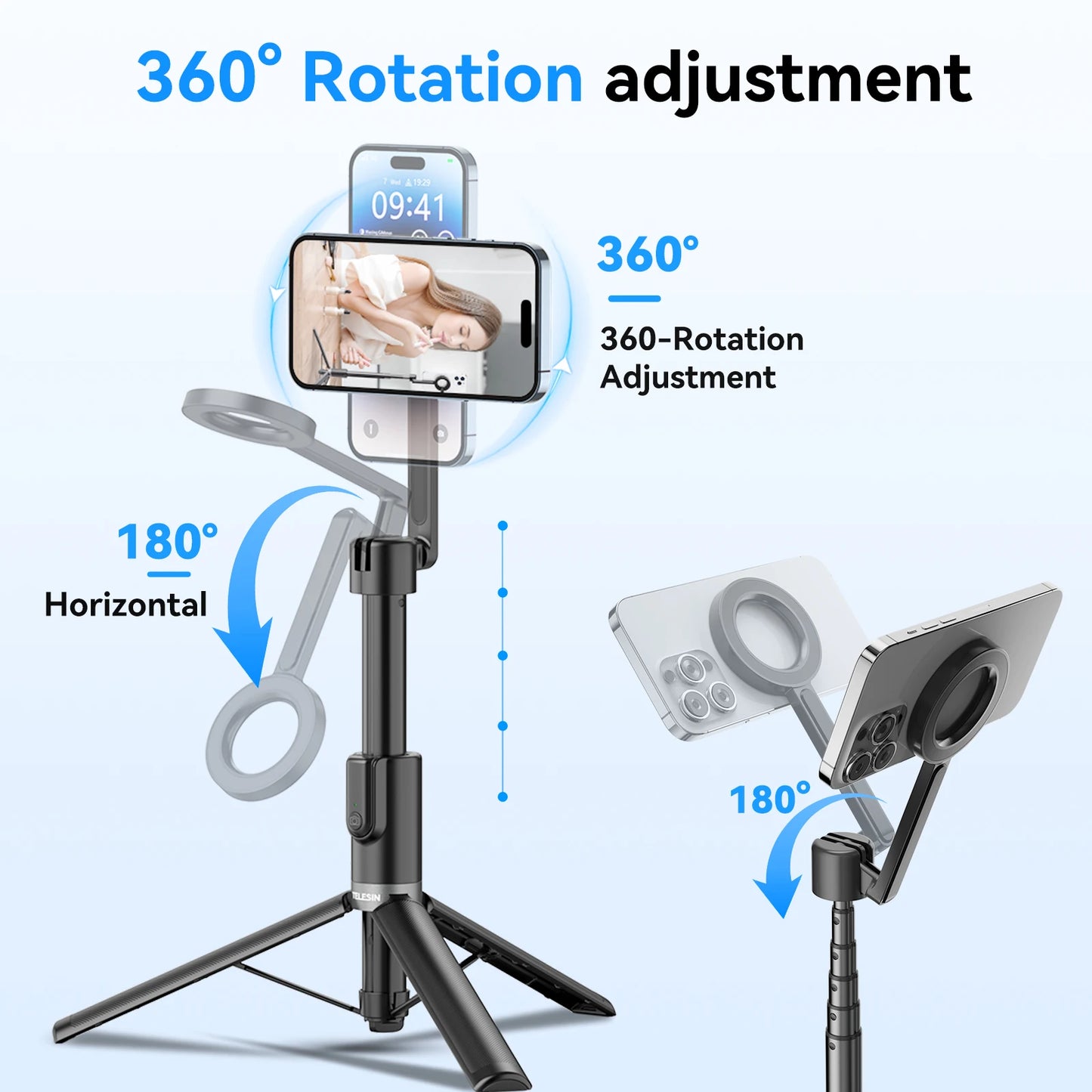 TELESIN 1.3M Magnetic Selfie Stick Tripod with Bluetooth Remote – Perfect for iPhone, Xiaomi, Huawei, Samsung, and Smartphones