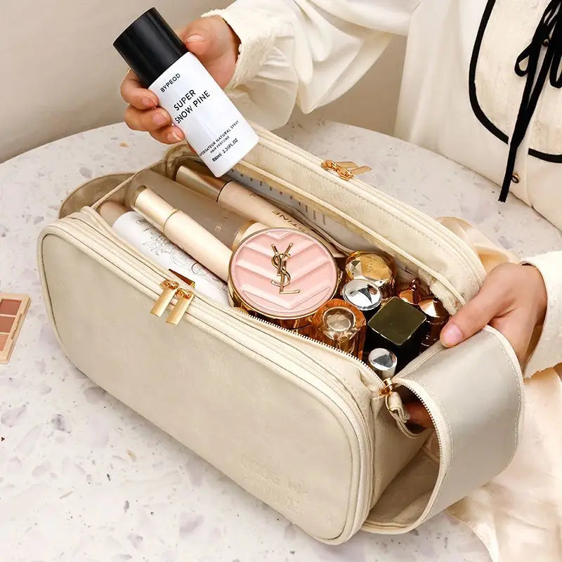 Multifunctional Makeup Bag for Women - Large Capacity PU Leather Travel Makeup and Toiletry Organizer with Double Zipper