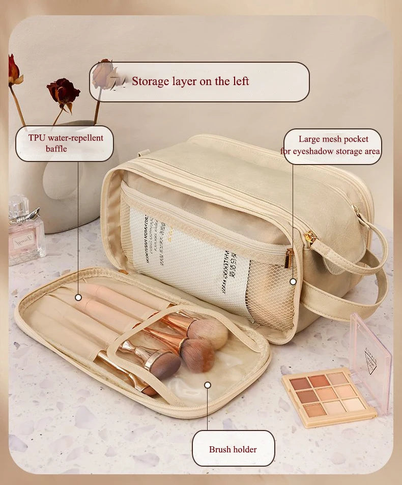 Multifunctional Makeup Bag for Women - Large Capacity PU Leather Travel Makeup and Toiletry Organizer with Double Zipper