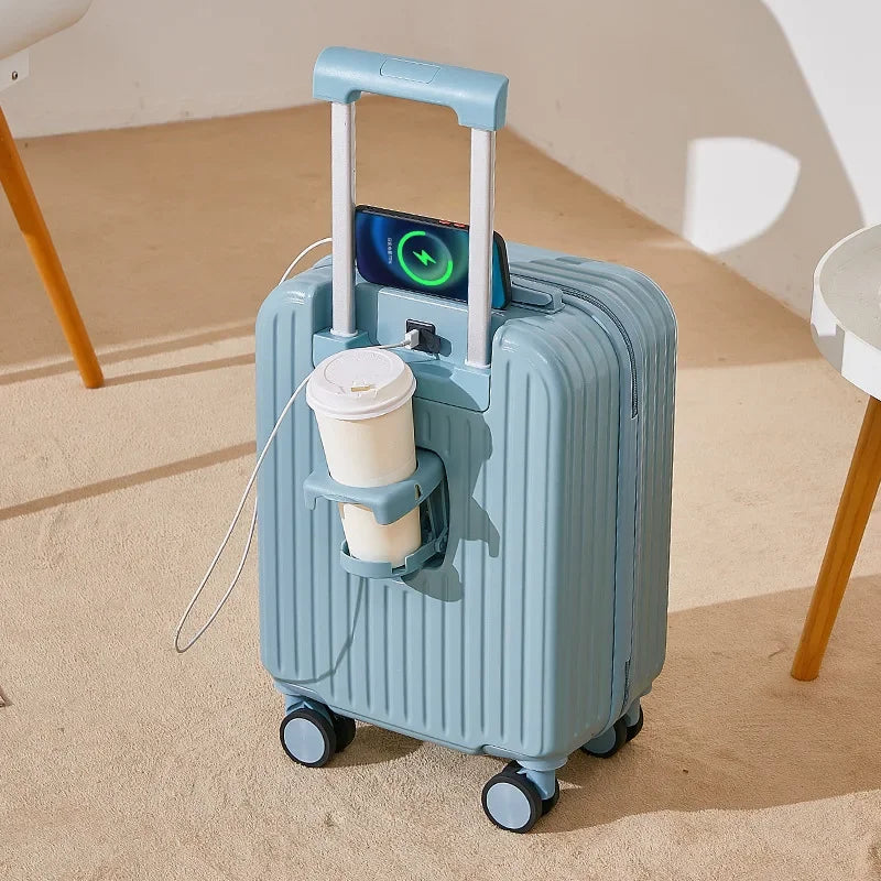 18 Inch Travel Suitcase Multifunctional Suitcase Boarding Box Student Trolley Password Case Rolling Luggage Bag with Cup Holder