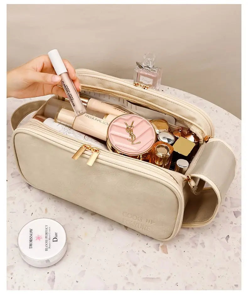 Multifunctional Makeup Bag for Women - Large Capacity PU Leather Travel Makeup and Toiletry Organizer with Double Zipper