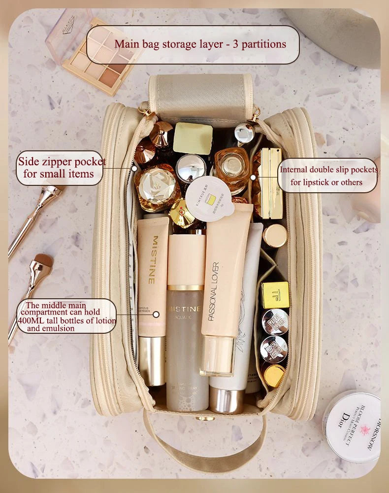 Multifunctional Makeup Bag for Women - Large Capacity PU Leather Travel Makeup and Toiletry Organizer with Double Zipper