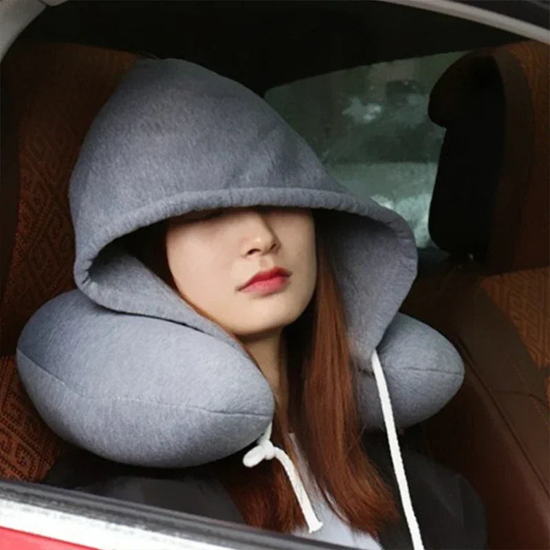 Hooded U-Shaped Travel Neck Pillow – Memory Foam Cushion for Car, Office, Airplane, and Noon Breaks