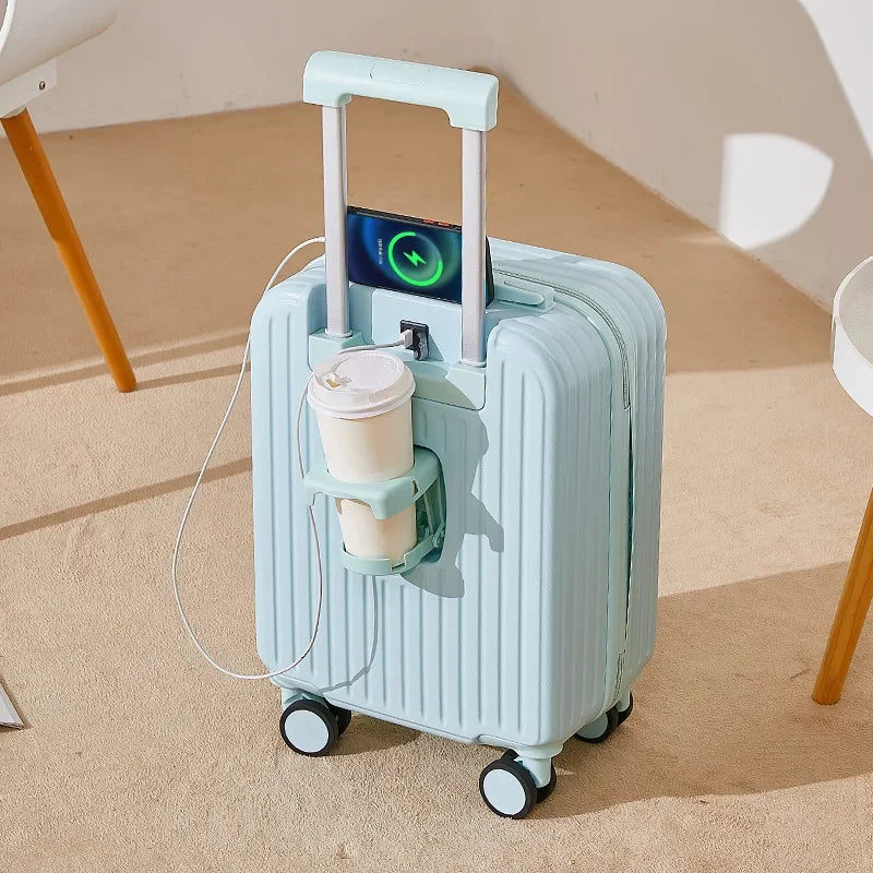 18 Inch Travel Suitcase Multifunctional Suitcase Boarding Box Student Trolley Password Case Rolling Luggage Bag with Cup Holder