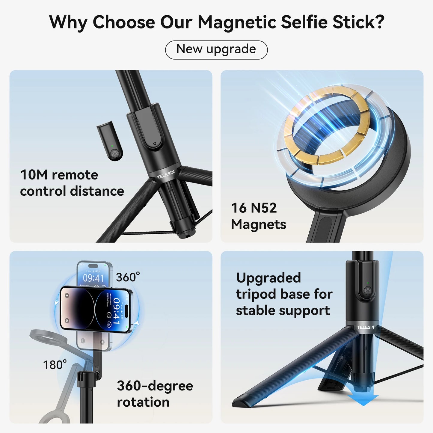 TELESIN 1.3M Magnetic Selfie Stick Tripod with Bluetooth Remote – Perfect for iPhone, Xiaomi, Huawei, Samsung, and Smartphones
