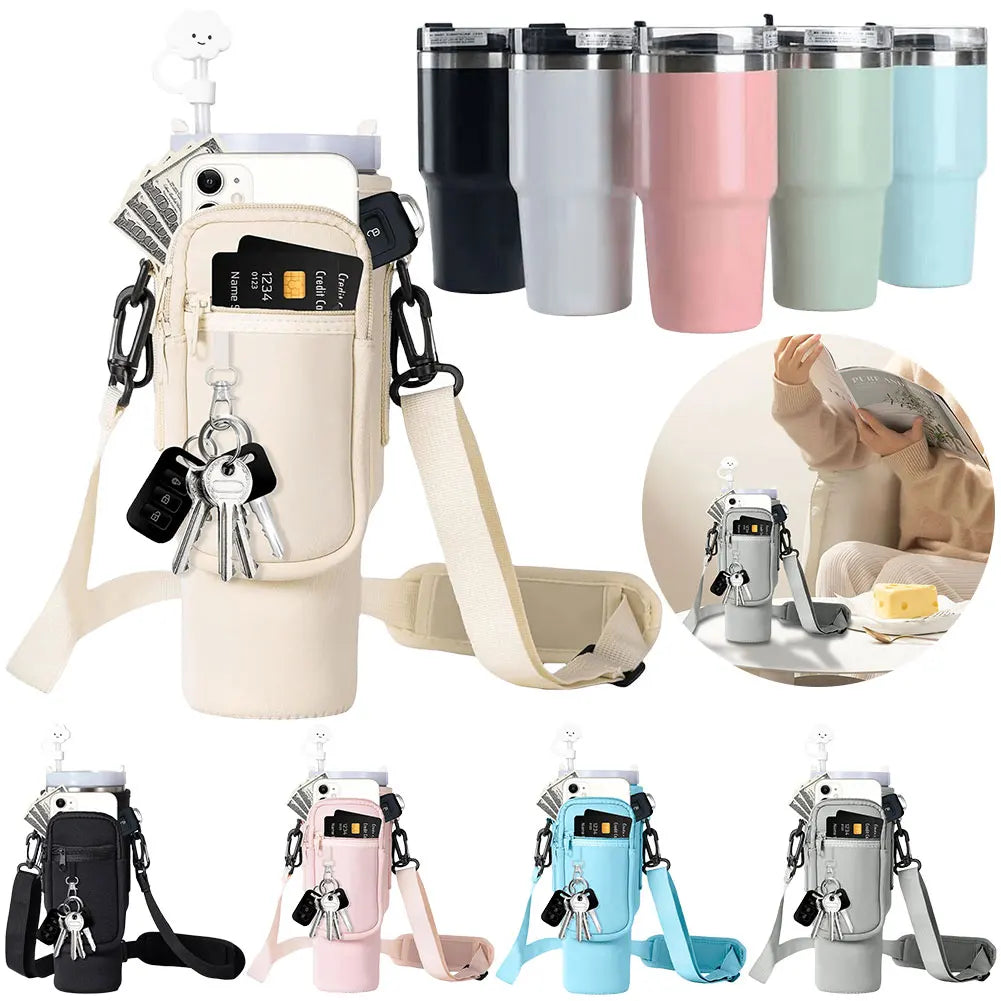 Adjustable Water Bottle Holder Bag with Shoulder Strap and Multi-Pockets – Compatible with Stanley 40oz Cup