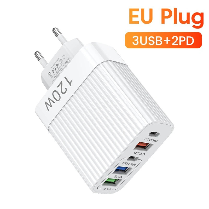 USB Fast Charger 5 Ports 120W – PD Type C Quick Charge Adapter for iPhone, Samsung, Xiaomi, Huawei, and More