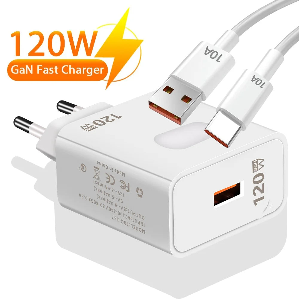 120W GaN USB Fast Charger – Quick Charge 3.0 with Type-C Cable for iPhone, Samsung, Huawei