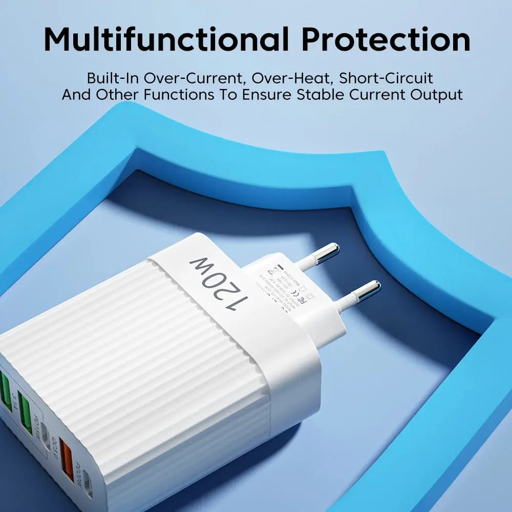 USB Fast Charger 5 Ports 120W – PD Type C Quick Charge Adapter for iPhone, Samsung, Xiaomi, Huawei, and More