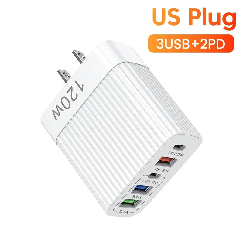 USB Fast Charger 5 Ports 120W – PD Type C Quick Charge Adapter for iPhone, Samsung, Xiaomi, Huawei, and More