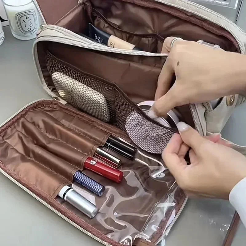 Multifunctional Makeup Bag for Women - Large Capacity PU Leather Travel Makeup and Toiletry Organizer with Double Zipper