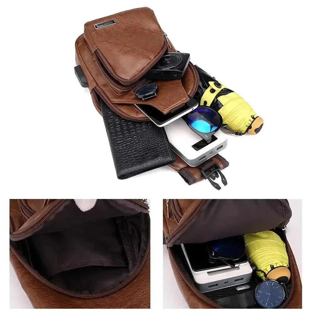 Men's Casual PU Leather Crossbody Chest Bag with USB Charging Port – Simple and Fashionable for Commuting