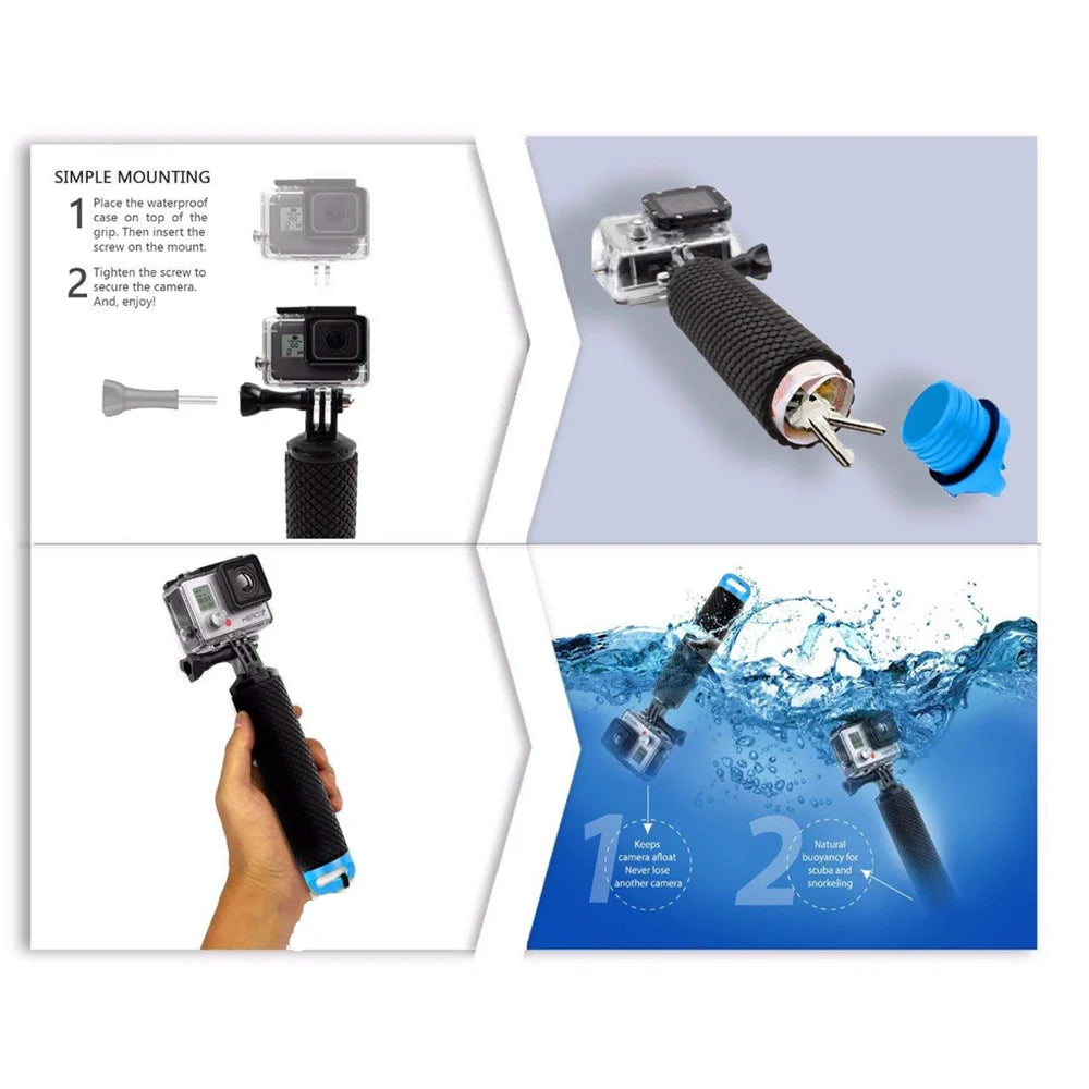 Water Floating Hand Grip Handle Mount for Action Cameras – Compatible with GoPro, DJI, Insta360, and More