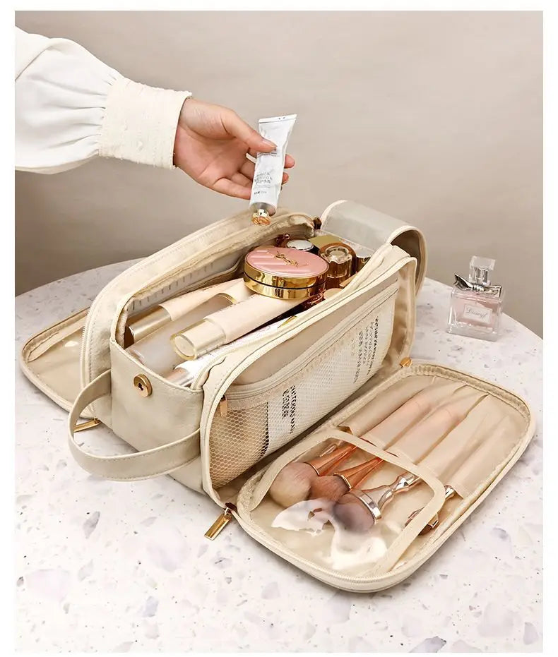 Multifunctional Makeup Bag for Women - Large Capacity PU Leather Travel Makeup and Toiletry Organizer with Double Zipper