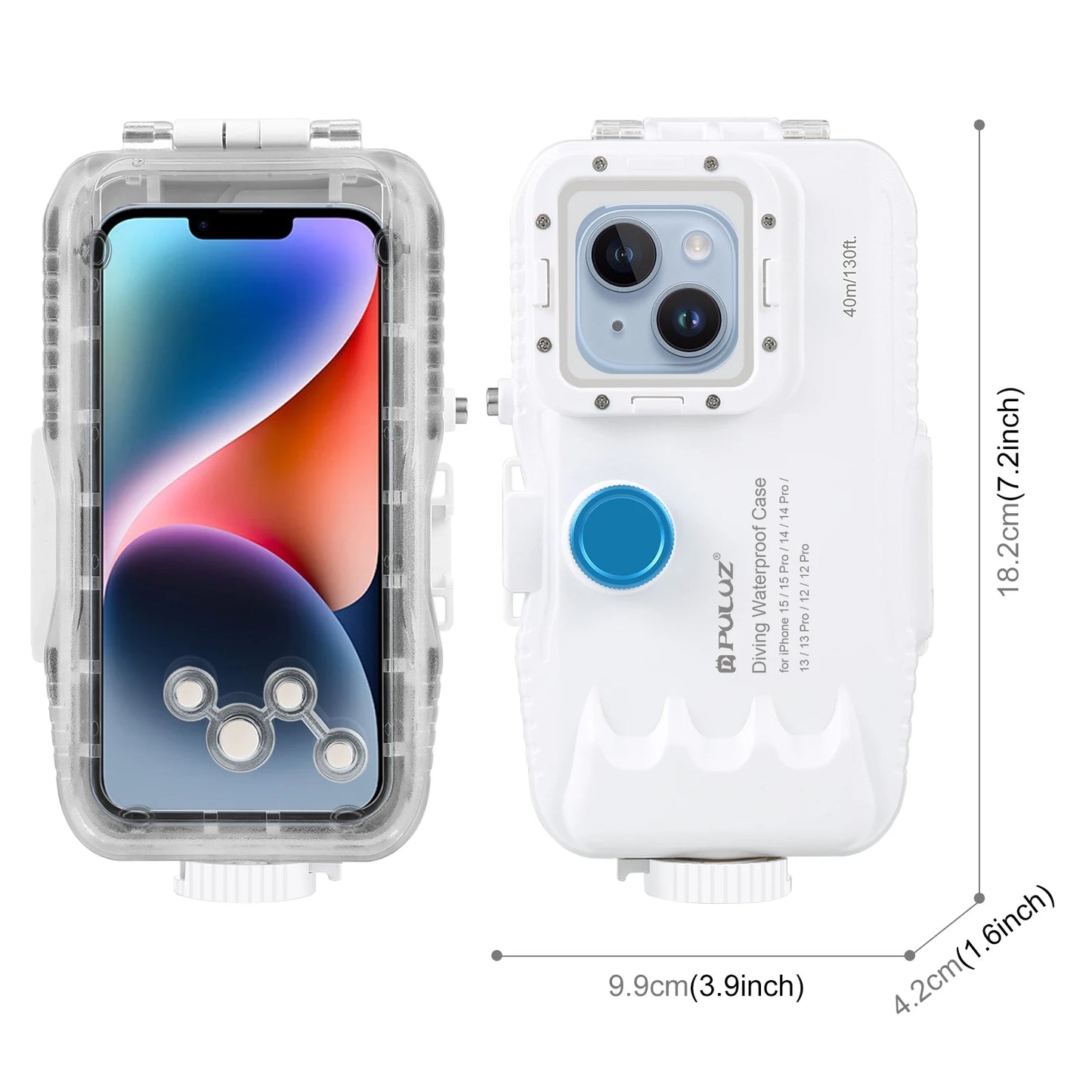 PULUZ 40m/130ft Waterproof Diving Case for iPhone 15 14 13 12 11 Pro Max Plus with One-way Valve Underwater Video Housing Cover