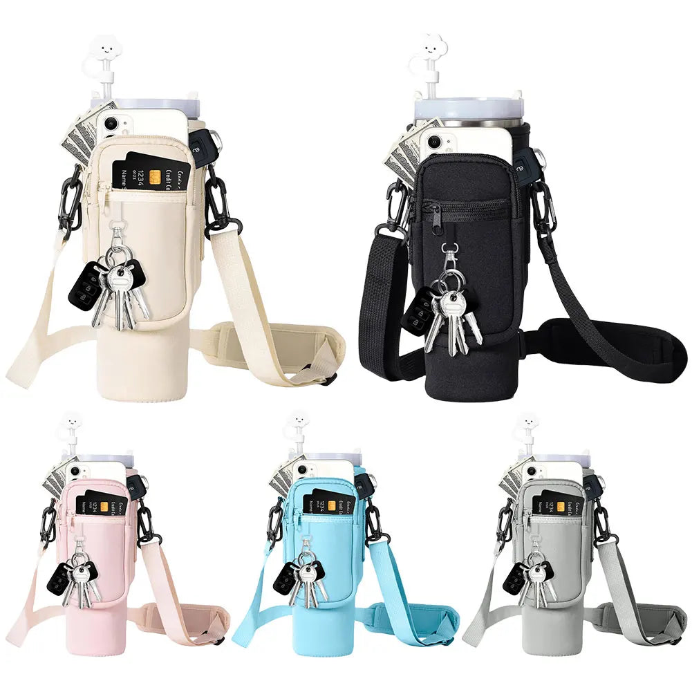 Adjustable Water Bottle Holder Bag with Shoulder Strap and Multi-Pockets – Compatible with Stanley 40oz Cup