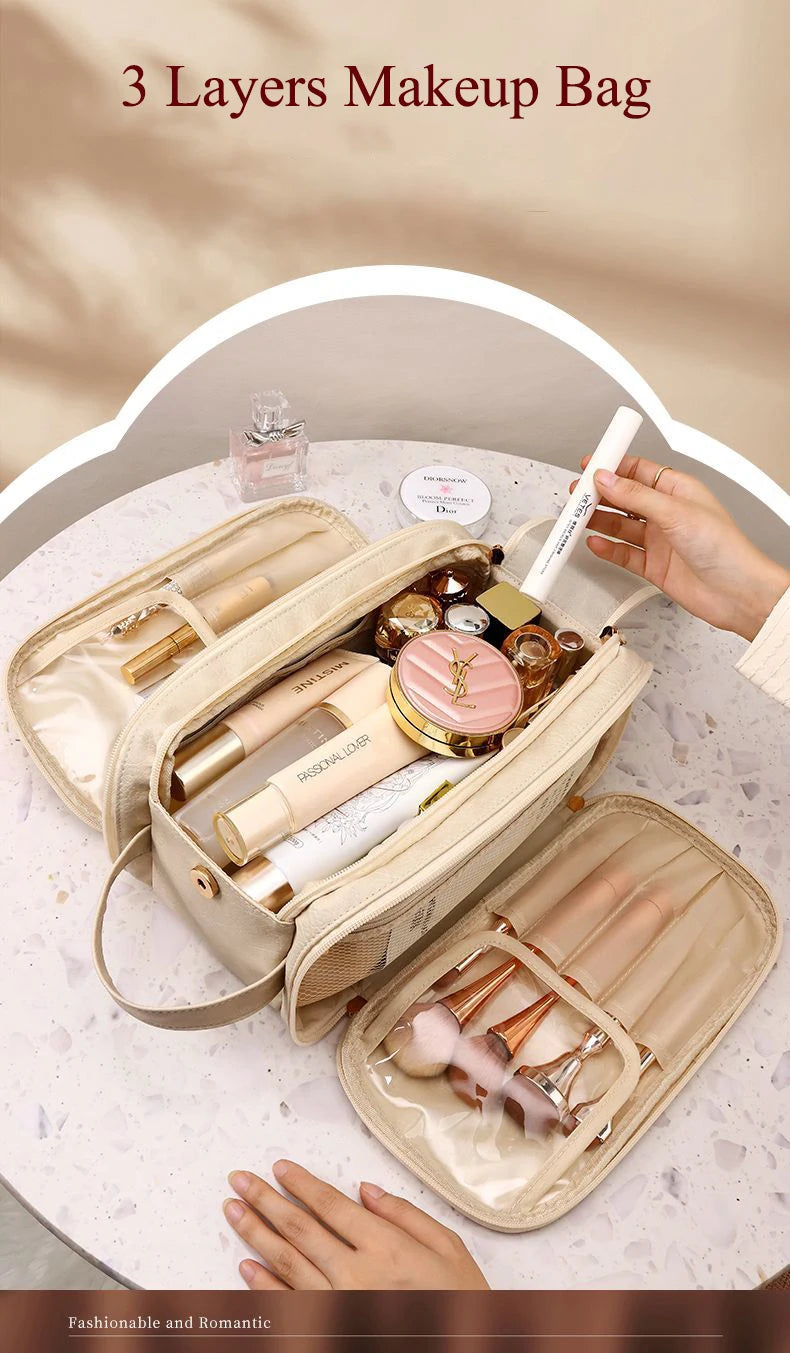 Multifunctional Makeup Bag for Women - Large Capacity PU Leather Travel Makeup and Toiletry Organizer with Double Zipper