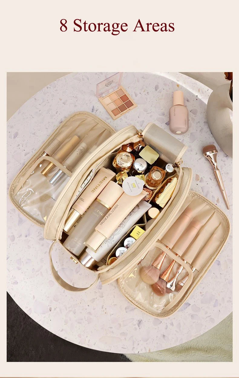 Multifunctional Makeup Bag for Women - Large Capacity PU Leather Travel Makeup and Toiletry Organizer with Double Zipper