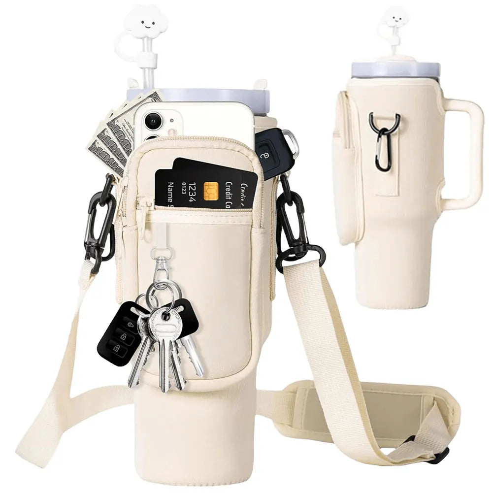 Adjustable Water Bottle Holder Bag with Shoulder Strap and Multi-Pockets – Compatible with Stanley 40oz Cup