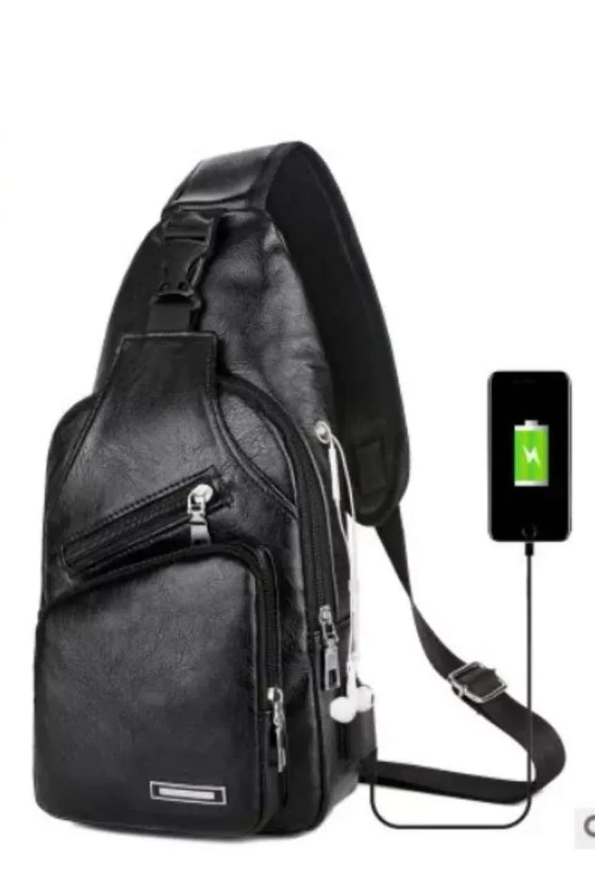 Men's Casual PU Leather Crossbody Chest Bag with USB Charging Port – Simple and Fashionable for Commuting