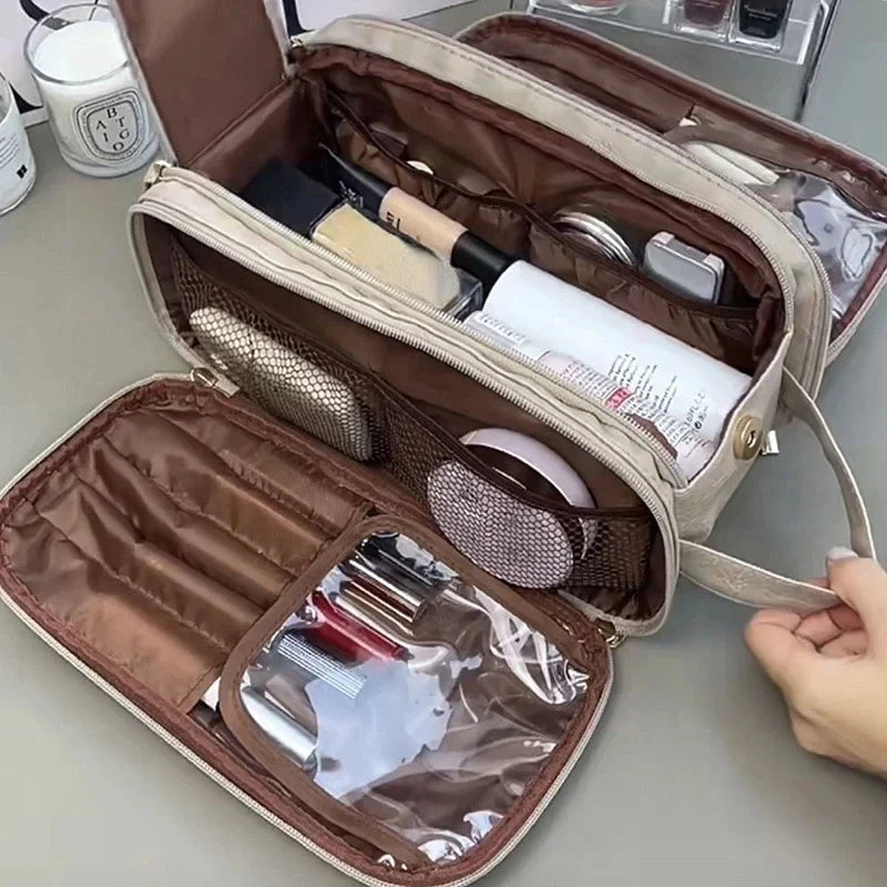 Multifunctional Makeup Bag for Women - Large Capacity PU Leather Travel Makeup and Toiletry Organizer with Double Zipper