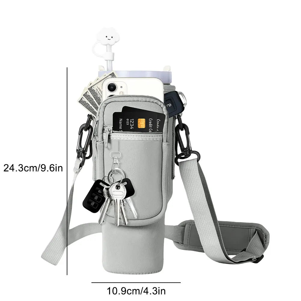 Adjustable Water Bottle Holder Bag with Shoulder Strap and Multi-Pockets – Compatible with Stanley 40oz Cup